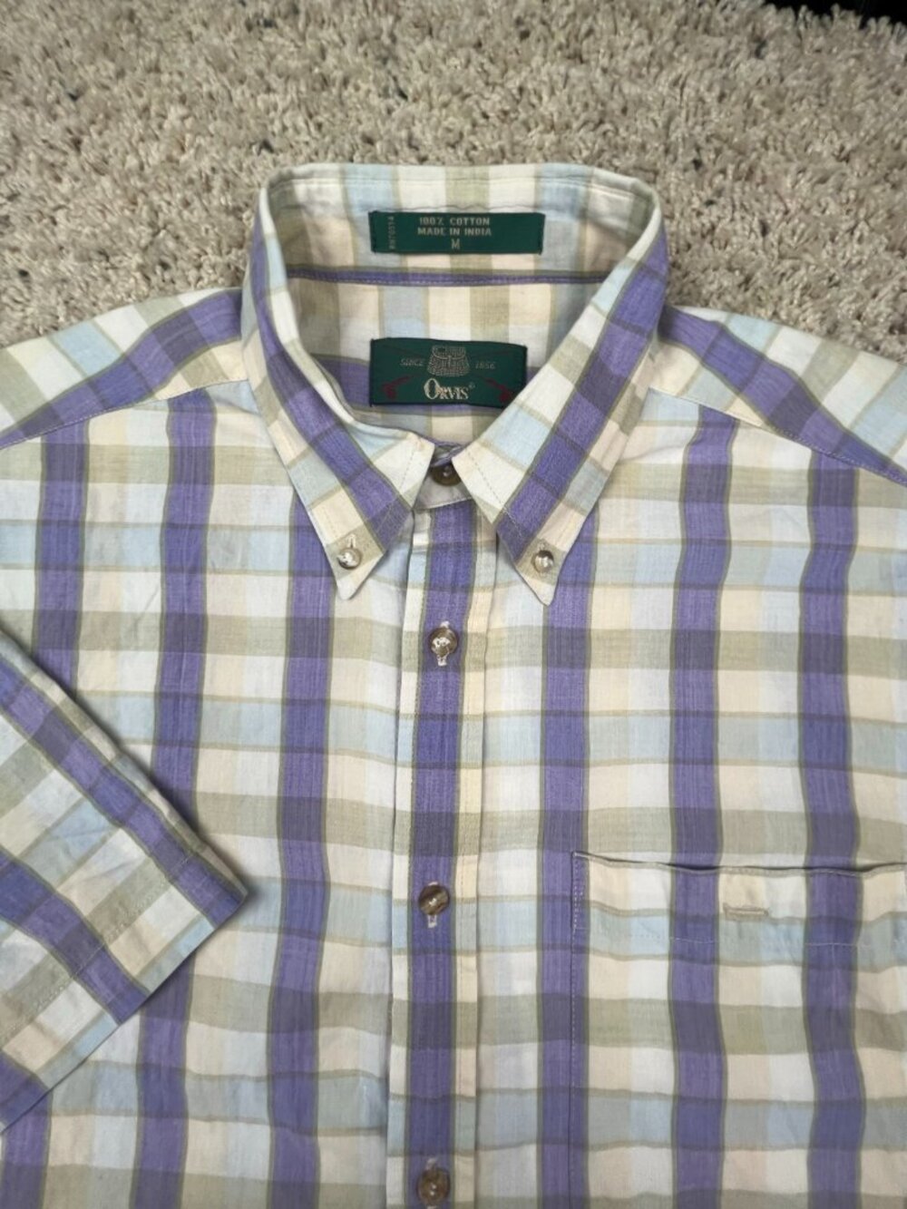 VTG Orvis Plaid Button Up Shirt Short Sleeve Mens Medium Purple Ivory Cotton